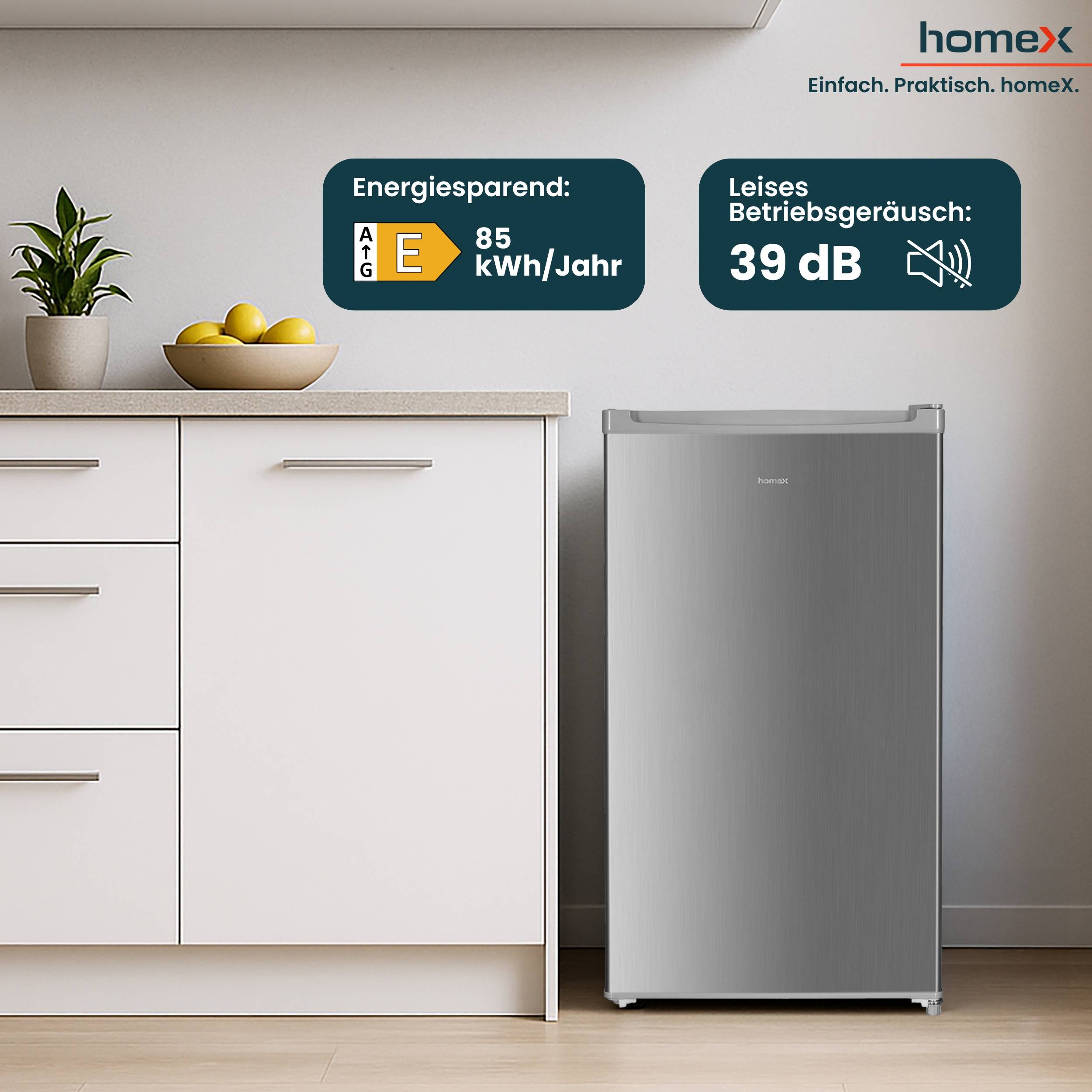 homeX Kühlschrank ohne Gefrierfach, Vollraumkühlschrank klein - 88L Nutzinhalt, Tischkühlschrank freistehend, silber