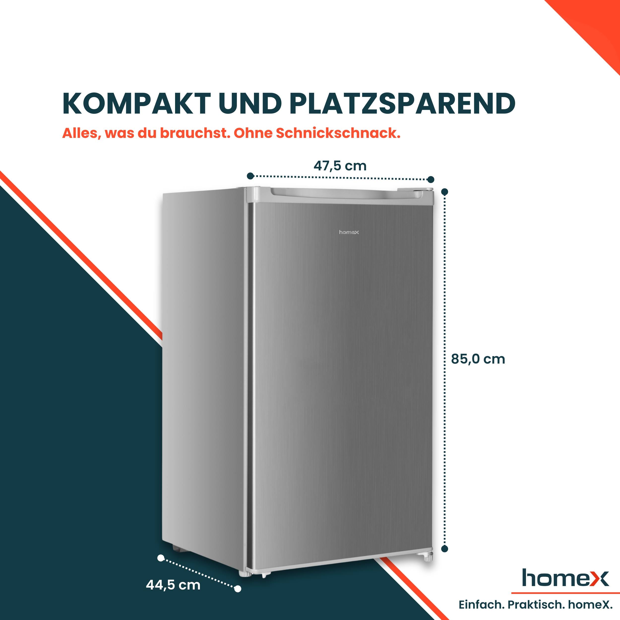 homeX Kühlschrank ohne Gefrierfach, Vollraumkühlschrank klein - 88 Liter, Tischkühlschrank freistehend, silber, CS1016-S