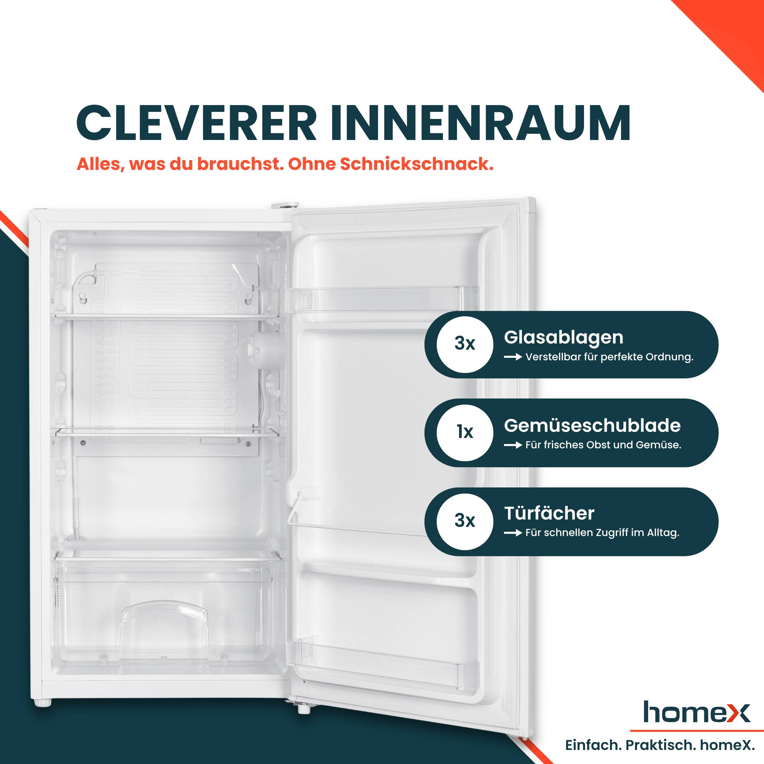 homeX Kühlschrank ohne Gefrierfach, Vollraumkühlschrank klein - 88 Liter, Tischkühlschrank freistehend, weiß, CS1016-W