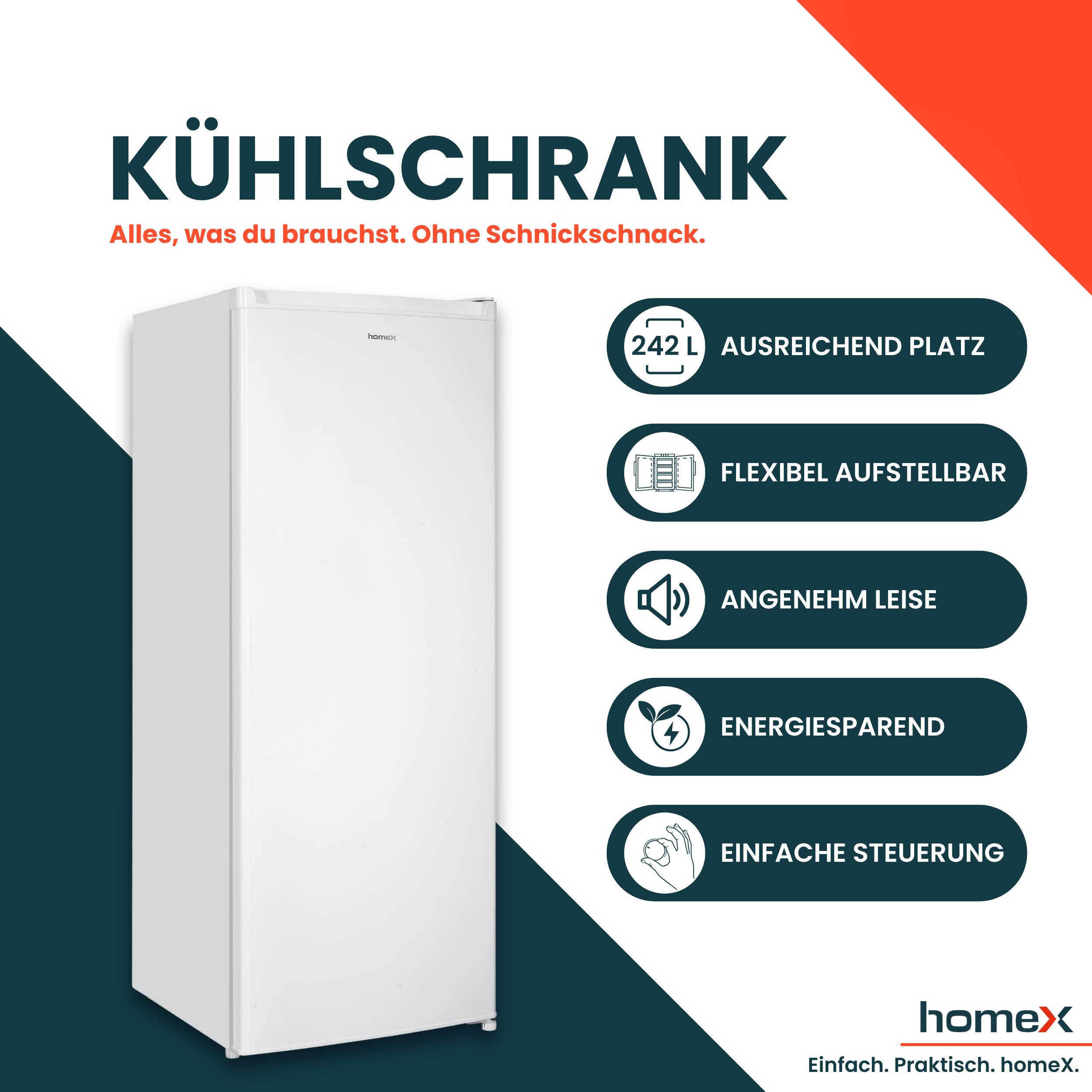 homeX Kühlschrank ohne Gefrierfach groß, freistehender Vollraumkühlschrank - 242 Liter, leise, weiß, CS2421E-W
