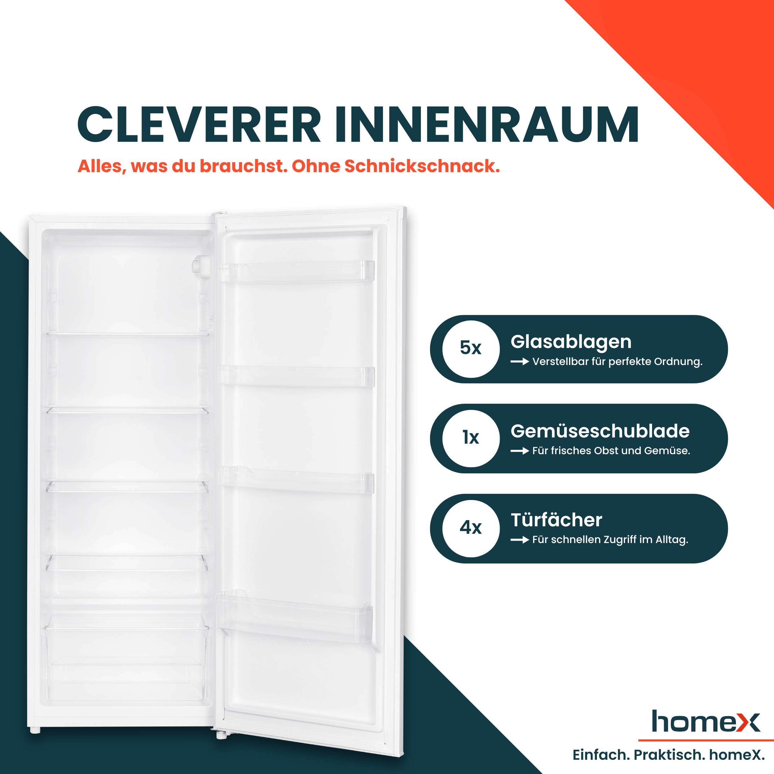 homeX Kühlschrank ohne Gefrierfach groß, freistehender Vollraumkühlschrank - 242 Liter, leiser Standkühlschrank, weiß