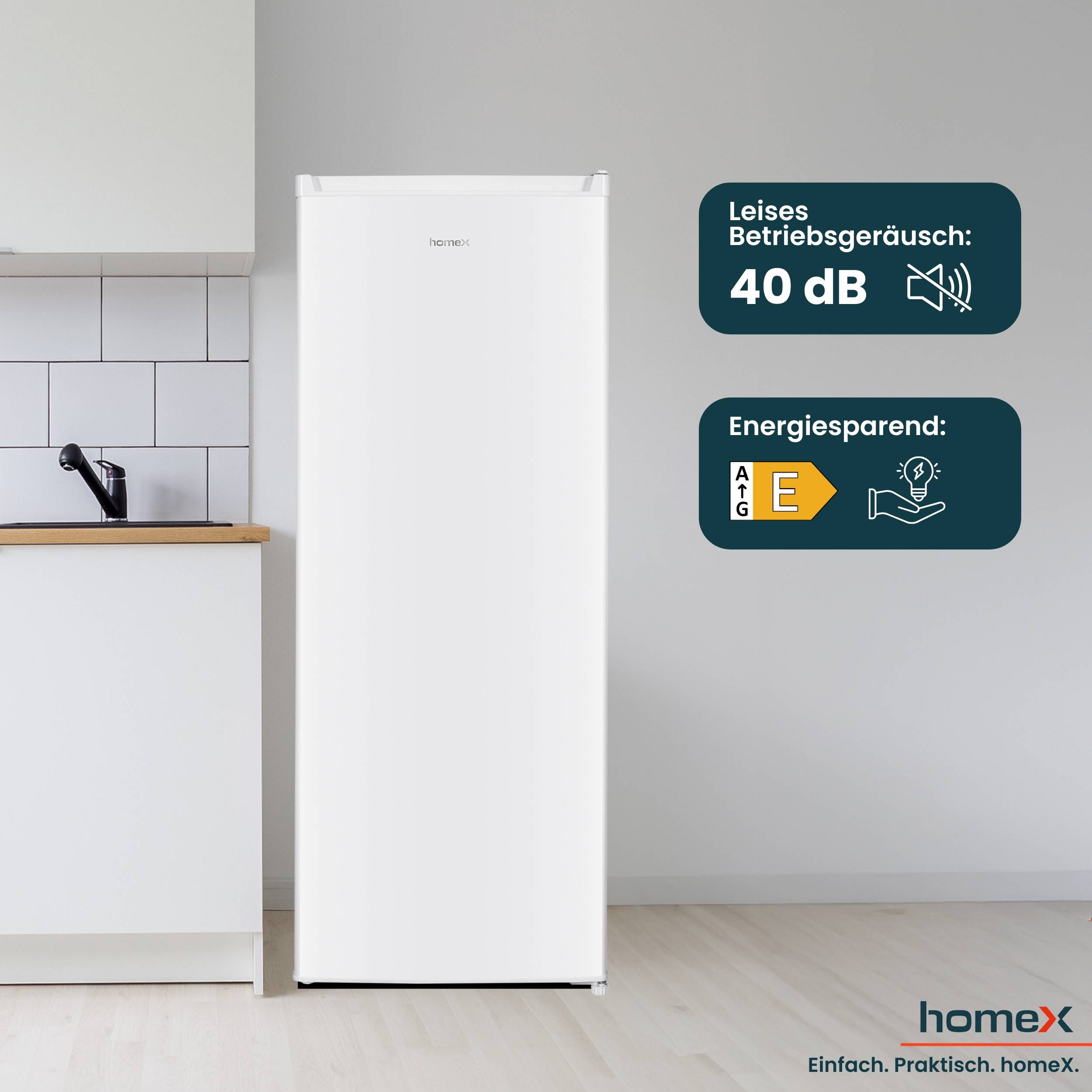 homeX Kühlschrank ohne Gefrierfach groß, freistehender Vollraumkühlschrank - 242 Liter, leise, weiß, CS2421E-W