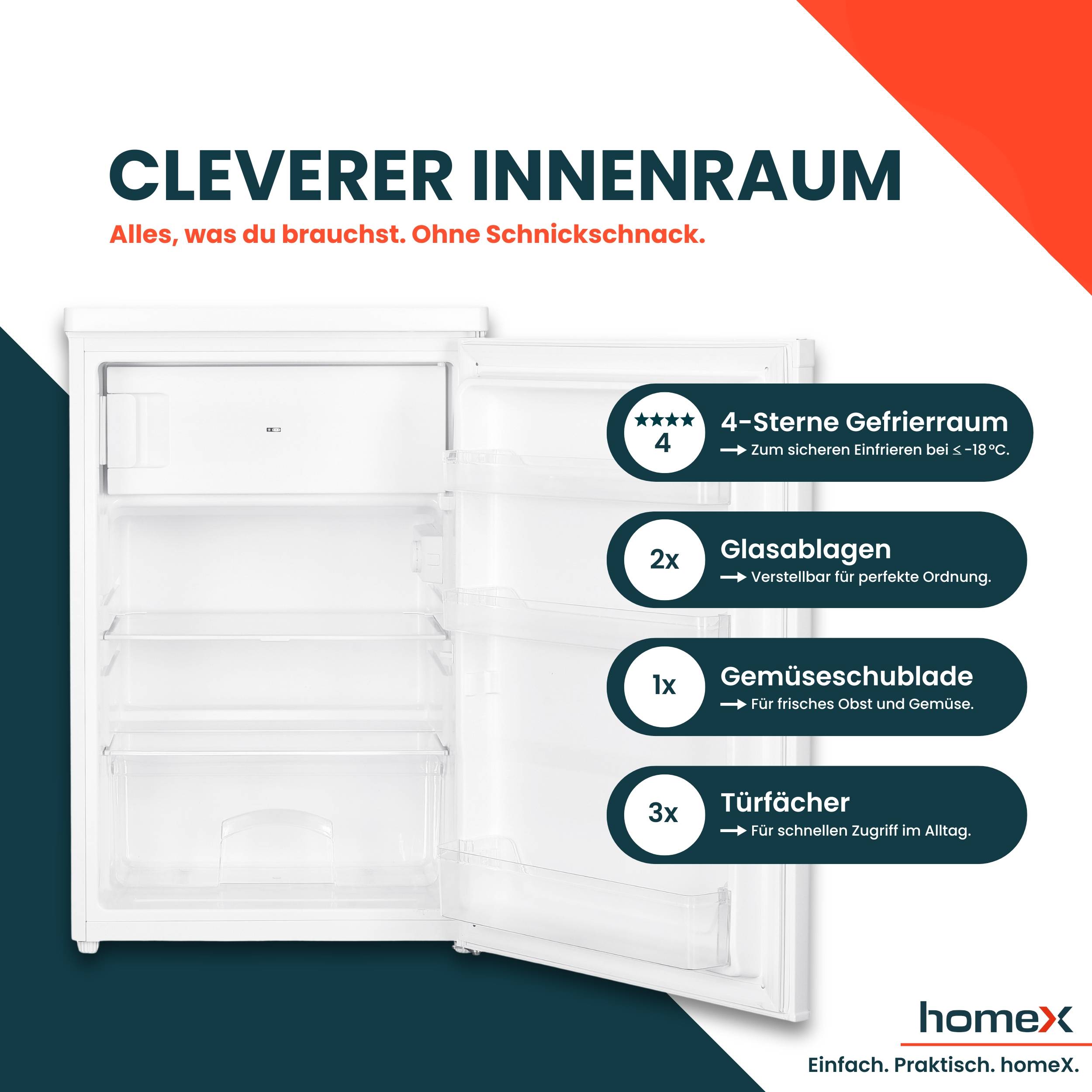 homeX Kühlschrank mit Gefrierfach klein, Mini Kühl-Gefrierkombination - 109 Liter, freistehend, weiß, CS1091E-W