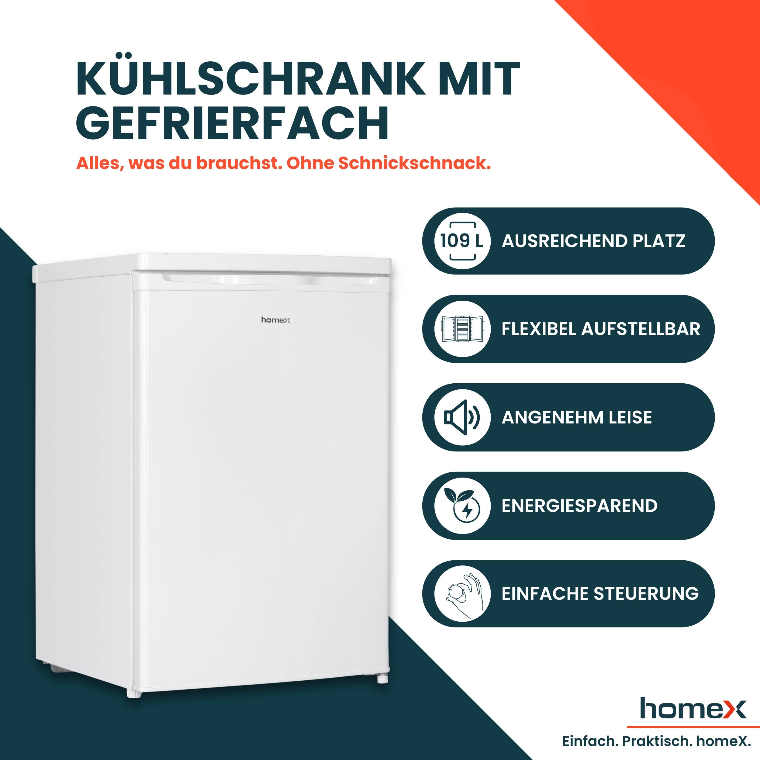 homeX Kühlschrank mit Gefrierfach klein, Mini Kühl-Gefrierkombination - 109 Liter, freistehend, 4-Sterne Gefrieren, weiß
