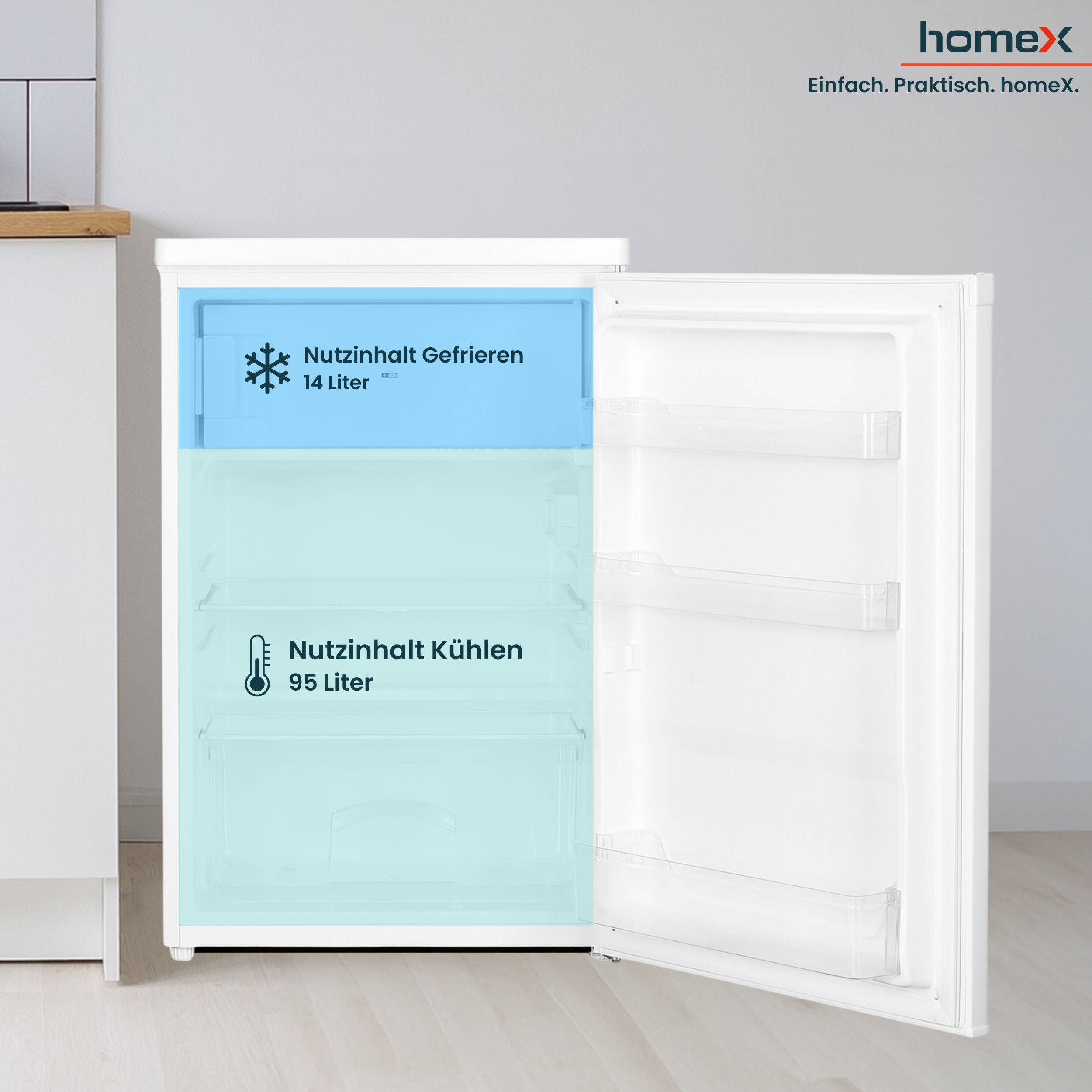 homeX Kühlschrank mit Gefrierfach klein, Mini Kühl-Gefrierkombination - 109 Liter, freistehend, 4-Sterne Gefrieren, weiß