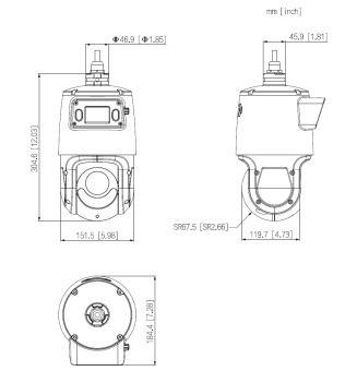 Technische Zeichnung eines zylindrischen Geräts mit in Millimetern und Zoll beschrifteten Abmessungen, die mehrere Ansichten zeigt, einschließlich Vorder-, Seiten- und Unteransicht.