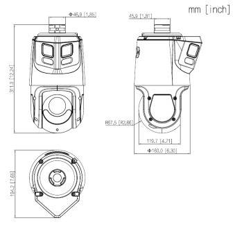 Technische Zeichnung eines Geräts mit Abmessungen: Höhe 311 mm, Breite 119,7 mm, Tiefe 165,3 mm. Zeigt Vorder-, Seiten- und Draufsicht.
