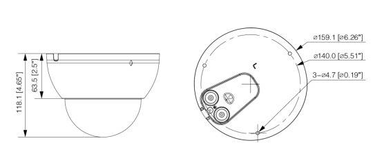 Technische Zeichnung einer Dome-Sicherheitskamera mit Seiten- und Unteransicht. Die Unteransicht hebt die zwei Linsen und das Basisdesign hervor.