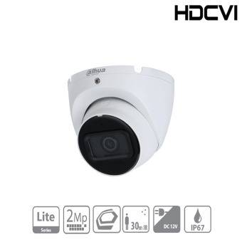 Eine weiße Sicherheitskamera mit der Bezeichnung 'Lite Series'. Merkmale: 2-Megapixel-Auflösung, 30 m Infrarotbereich, DC 12V und IP67-Schutzklasse. Markenlogo 'HDCVI' ist sichtbar.