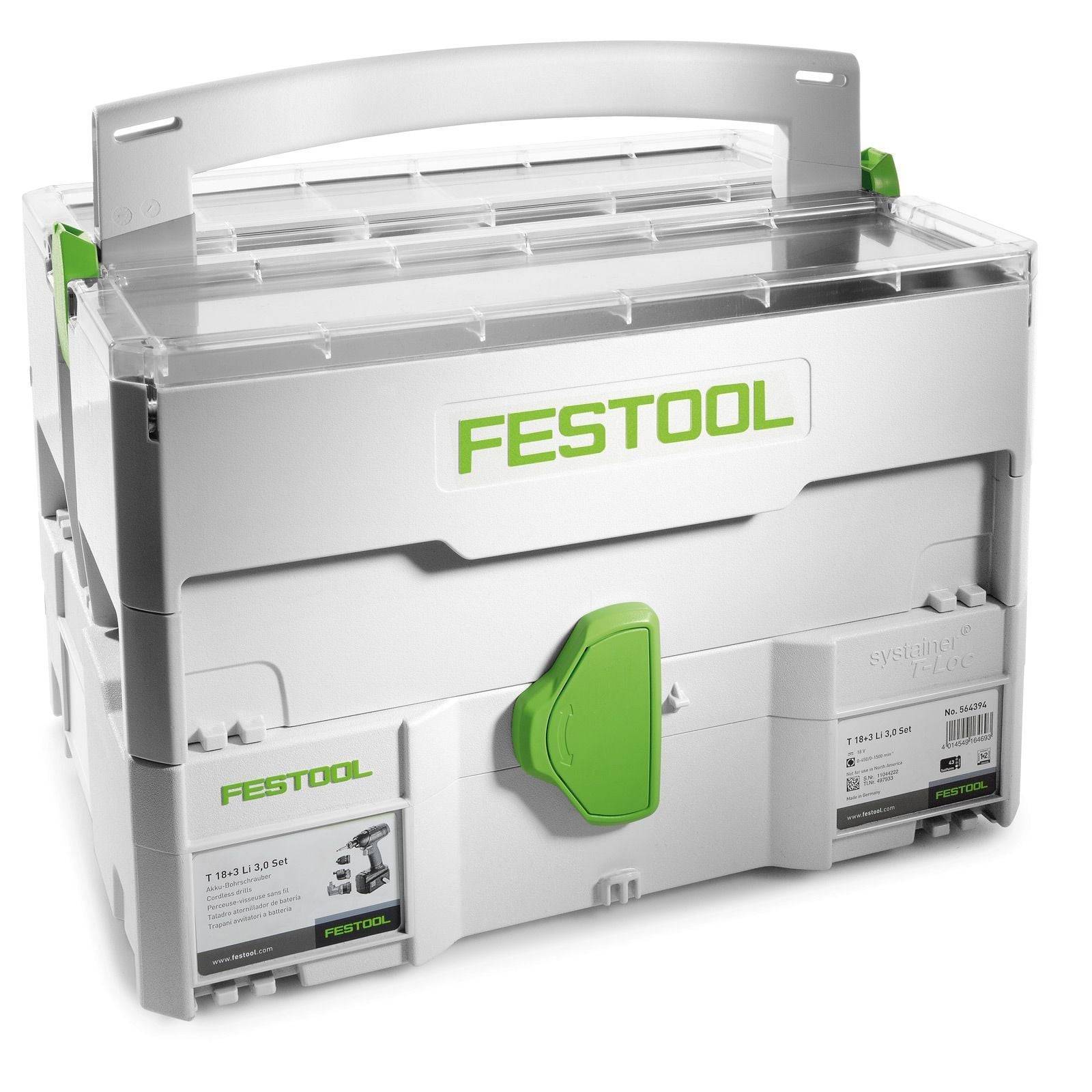 Festool Systainer Aufbewahrungskoffer mit grünem Verschluss und Griff, mit organisierten Fächern für Werkzeuge und Zubehör.