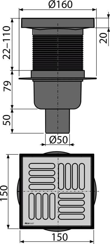 AlcaDrain Bodenablauf 150×150/50 mm mit einem senkrechten Abgang, Edelstahl Rost, Geruchsverschluss mit Sperrwasser