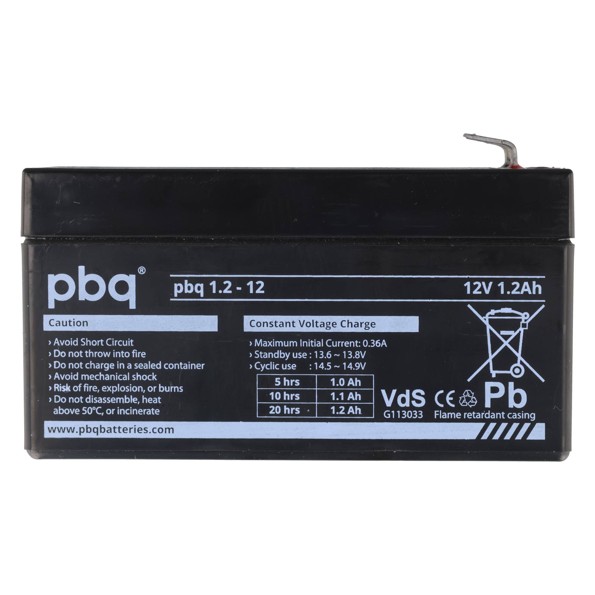 Schwarze pbq 12V 1,2Ah wiederaufladbare Batterie mit Warn- und Ladetiketten auf der Vorderseite
