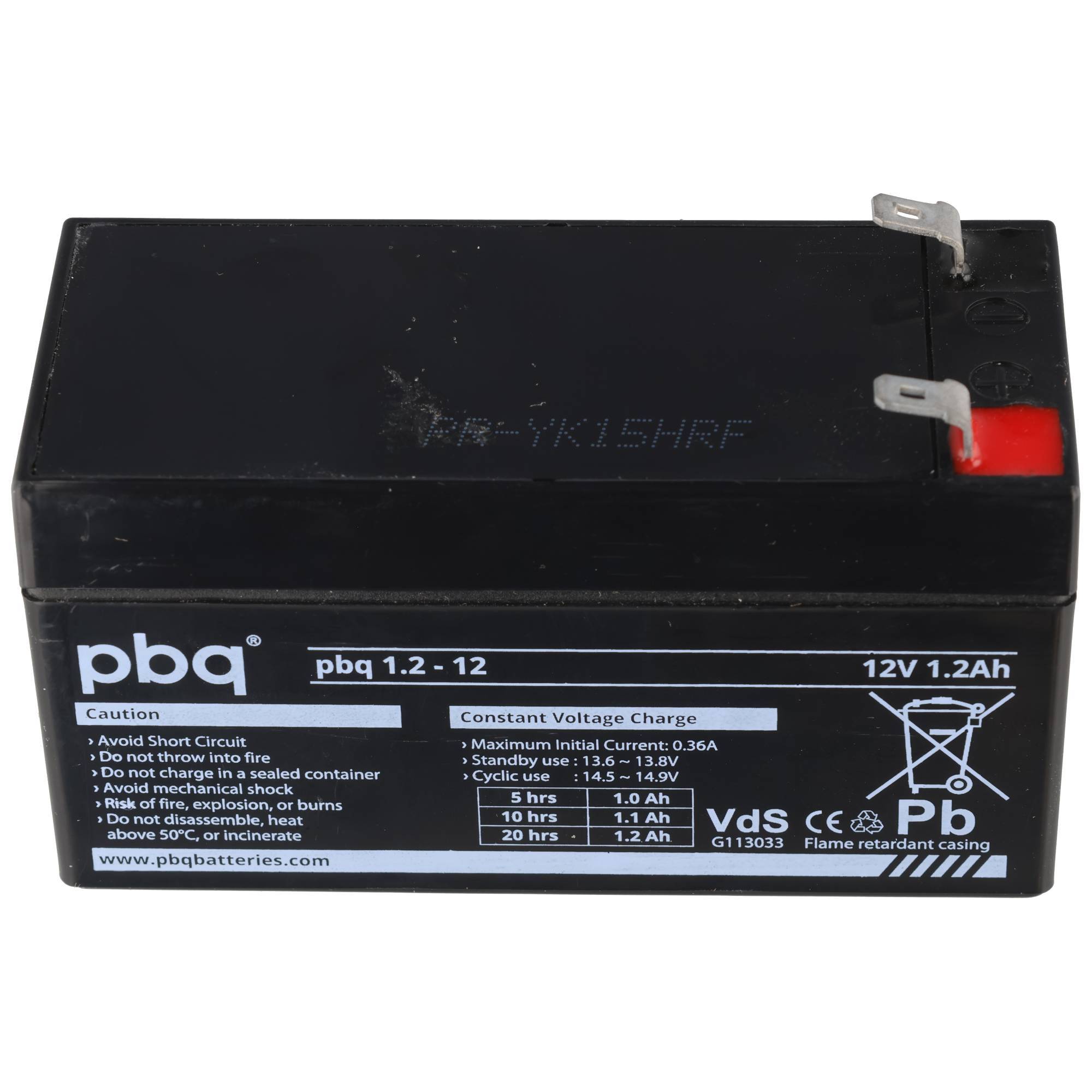 Schwarze pbq 12V 1,2Ah versiegelte Blei-Säure-Batterie mit Metallklemmen und Warnaufklebern auf der Vorderseite.