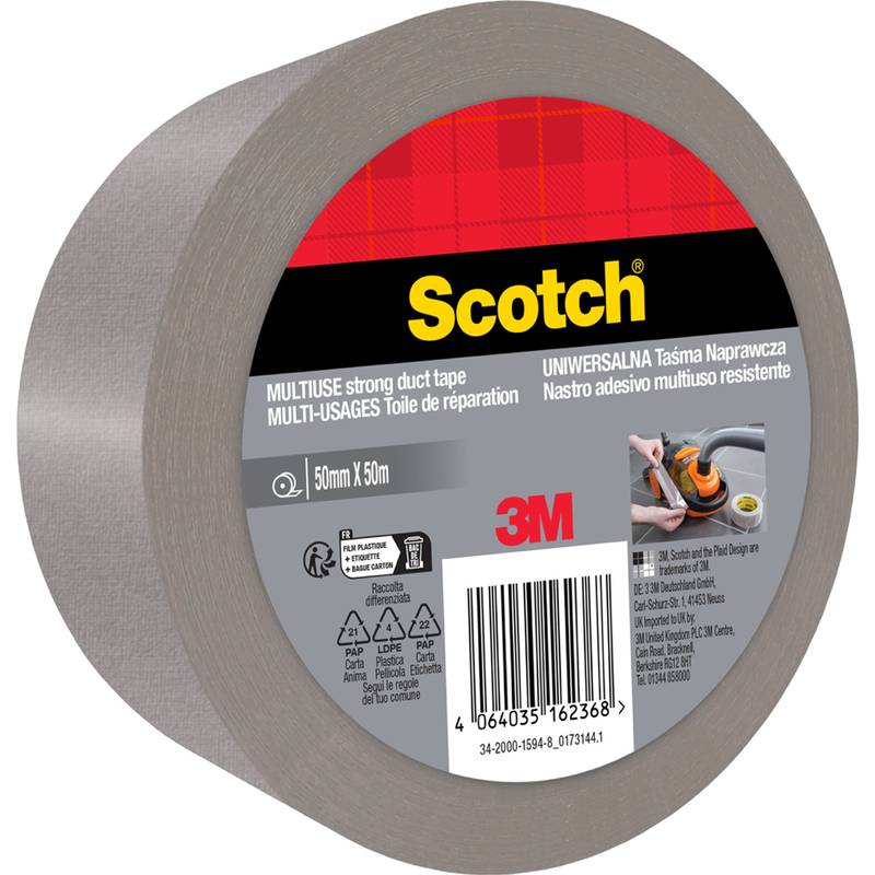Eine Rolle graues Scotch Mehrzweck-Panzerband, 50mm x 50m, mit rot und gelber Markierung, verwendet für Reparaturen und Abdichtungen.