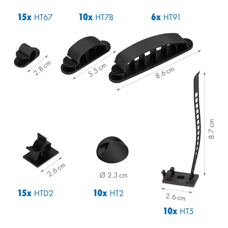 15x HT67' zeigt eine kleine, gebogene Klammer mit Abmessungen von 2,8 cm. '10x HT78' präsentiert eine größere bogenförmige Klammer, 5,5 cm lang. '6x HT91' ist eine breite Klammer, 8,6 cm. '15x HTD2' und '10x HT2' sind kleine, runde Klammern, jeweils 2,8 cm. '10x HT5' zeigt eine hohe, L-förmige Klammer mit Gittermuster, 8,7 cm hoch.