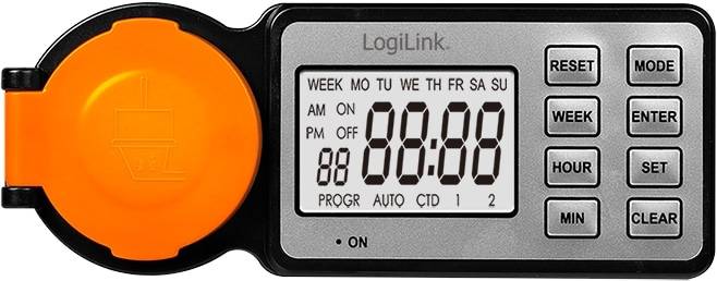 LOGILINK Outdoor-Zeitschaltuhr ET0016, 2,2"-LCD-Display, CEE 7/3, IP44, 3600 W, schwarz/orange
