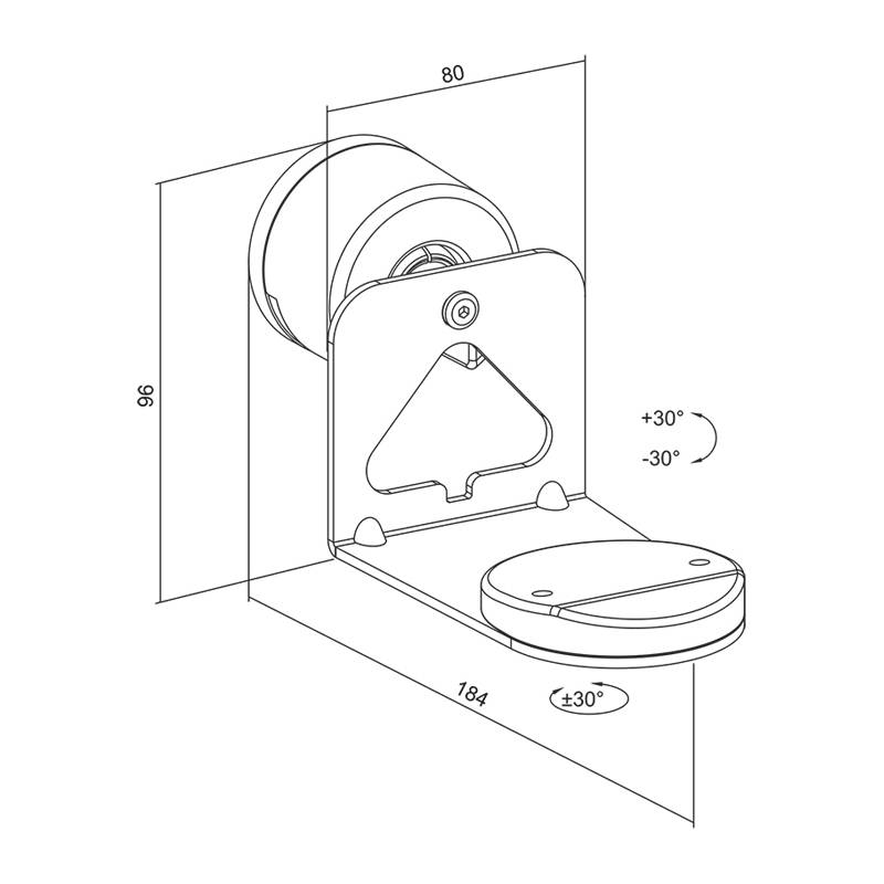 Eine technische Zeichnung eines wandmontierten Geräts mit den Abmessungen 96 x 80 mm, mit einer Basis, die 184 mm weit herausragt. Das Gerät kann um bis zu 30 Grad geneigt werden.