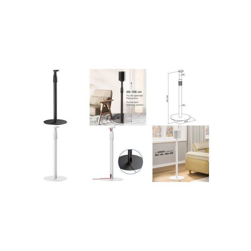 Höhenverstellbarer Lautsprecher-Ständer in Schwarz und Weiß, mit einer Höheneinstellung von 68-108 cm. Geeignet für die Einrichtung im Wohnzimmer.