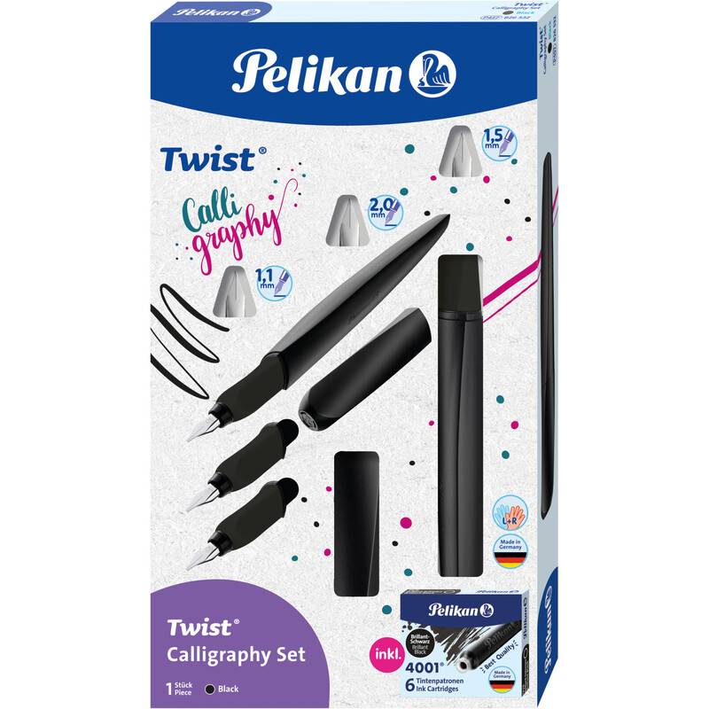 Pelikan Twist Kalligraphie-Set' mit Verpackung, die einen Stift, verschiedene Federn und Tintenpatronen zeigt. Federstärken: 1,1, 1,5, 2,0 mm.