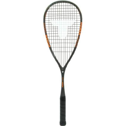 Ein Squash-Schläger mit einem schwarzen Rahmen, der ein weißes ‚T'-Logo auf den Saiten trägt. Der Griff ist mit schwarzem Griffband umwickelt.