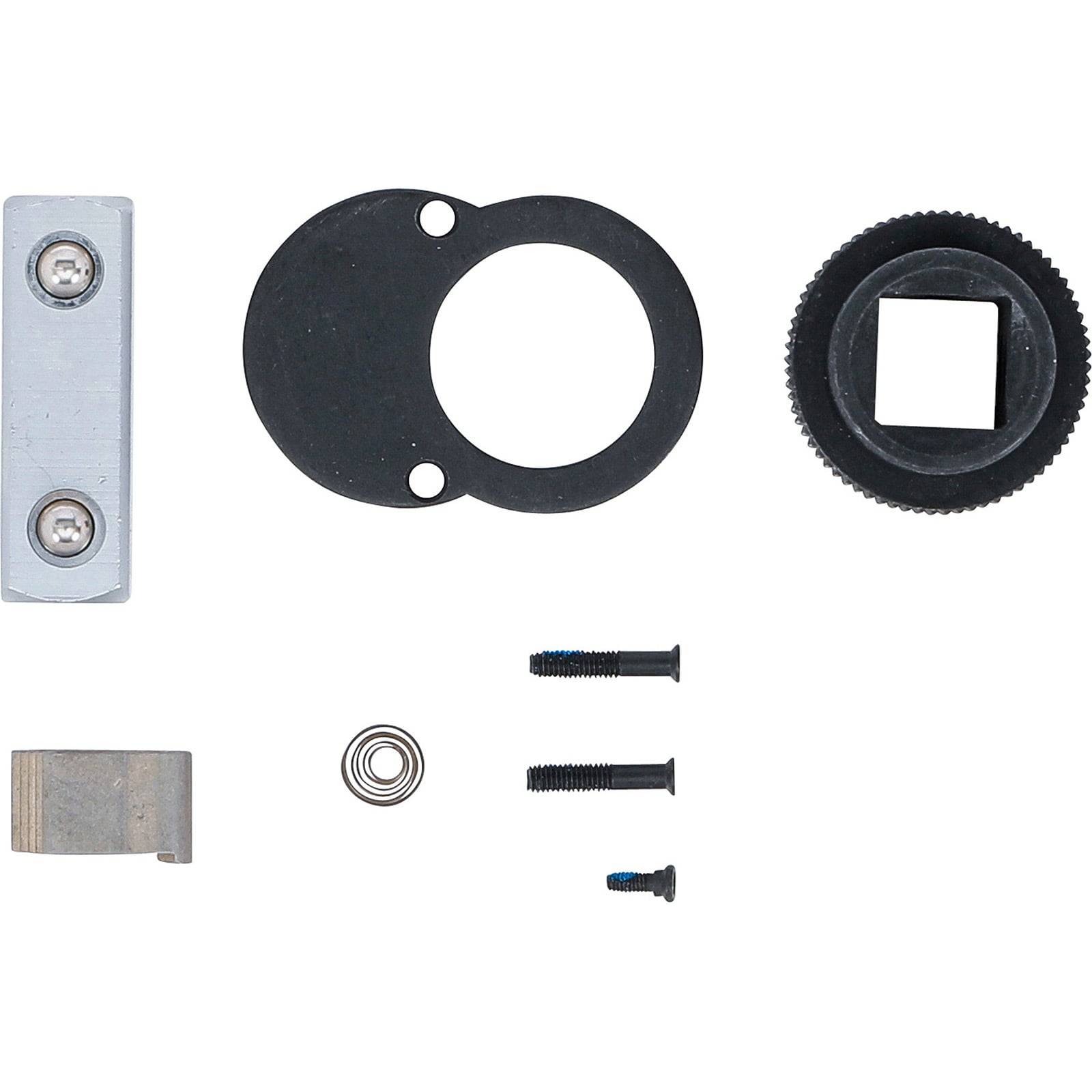 Ein Satz mechanischer Teile umfasst eine Metallplatte mit Schrauben, eine Gummidichtung, ein Zahnrad mit quadratischer Form, eine Klemme, eine Feder und zusätzliche Schrauben.