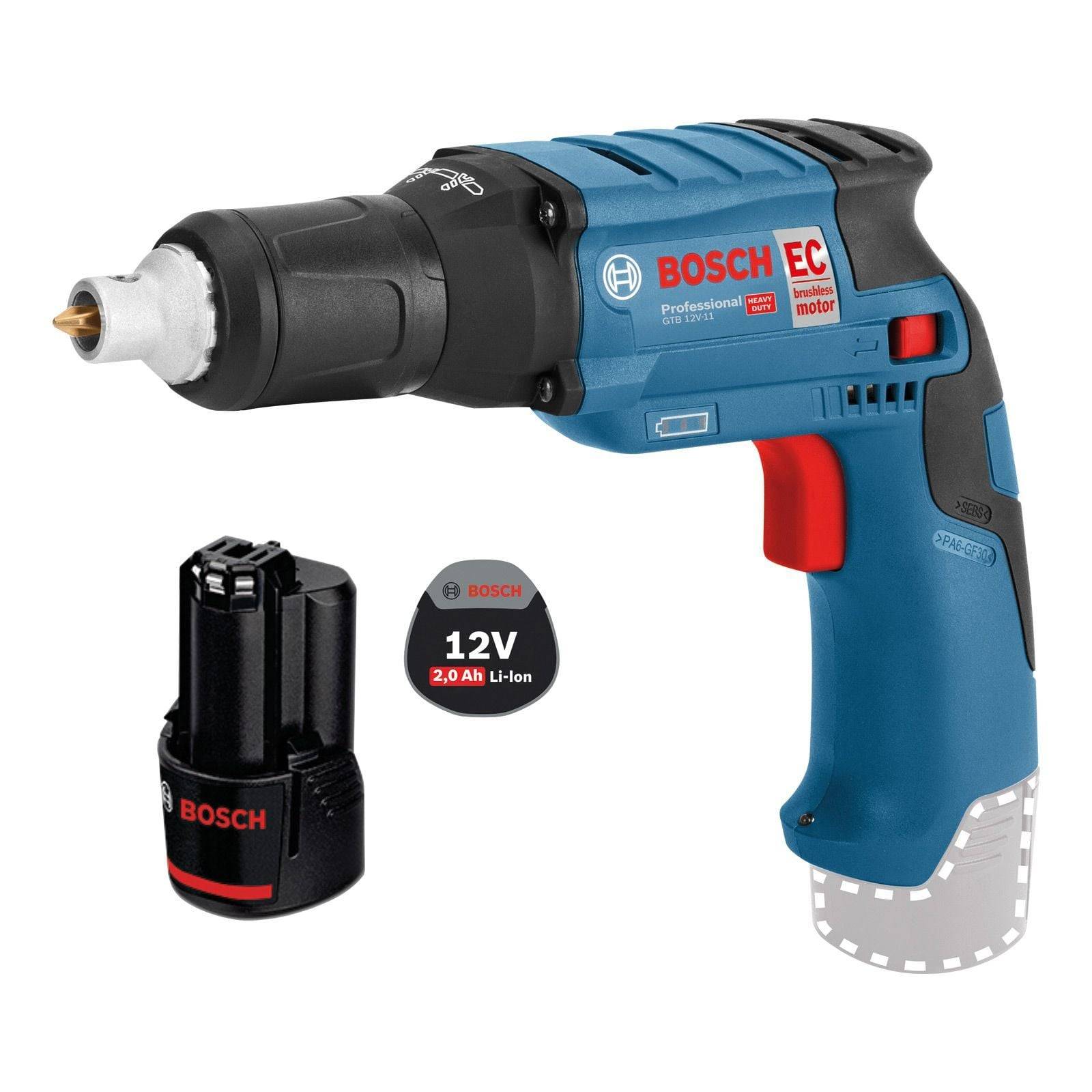 Bosch Professional EC-Bohrmaschine mit bürstenlosem Motor, gezeigt mit einem 12V 2.0 Ah Li-Ion-Akku daneben, was ihr kompaktes Design hervorhebt.