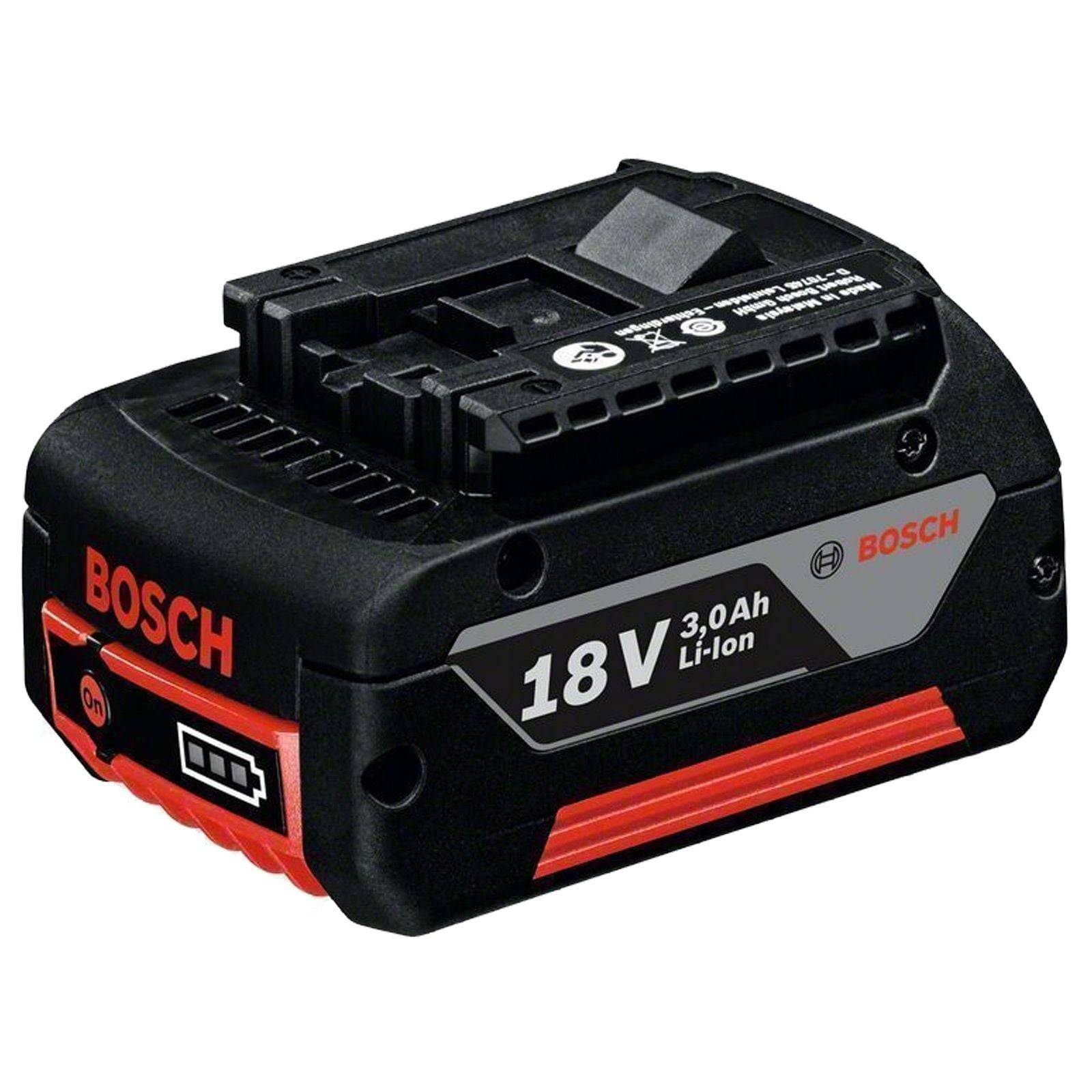 Bosch 18V 3,0Ah Li-Ionen-Akkupack mit rot-schwarzem Design, geeignet für Elektrowerkzeuge.