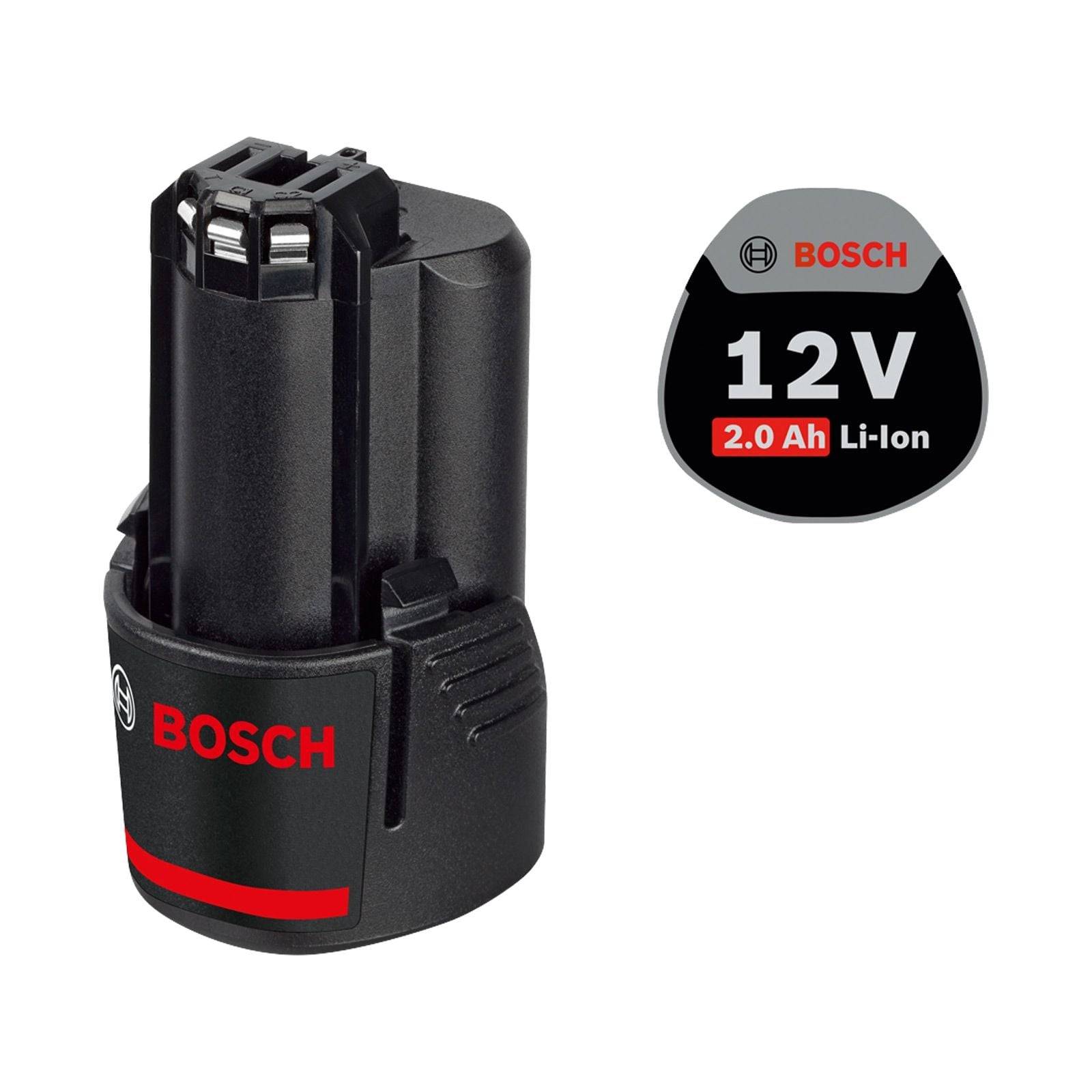 Kompakter Bosch 12V 2.0Ah Li-Ion Akku mit hervorgehobenem Bosch-Logo und Spezifikationen.