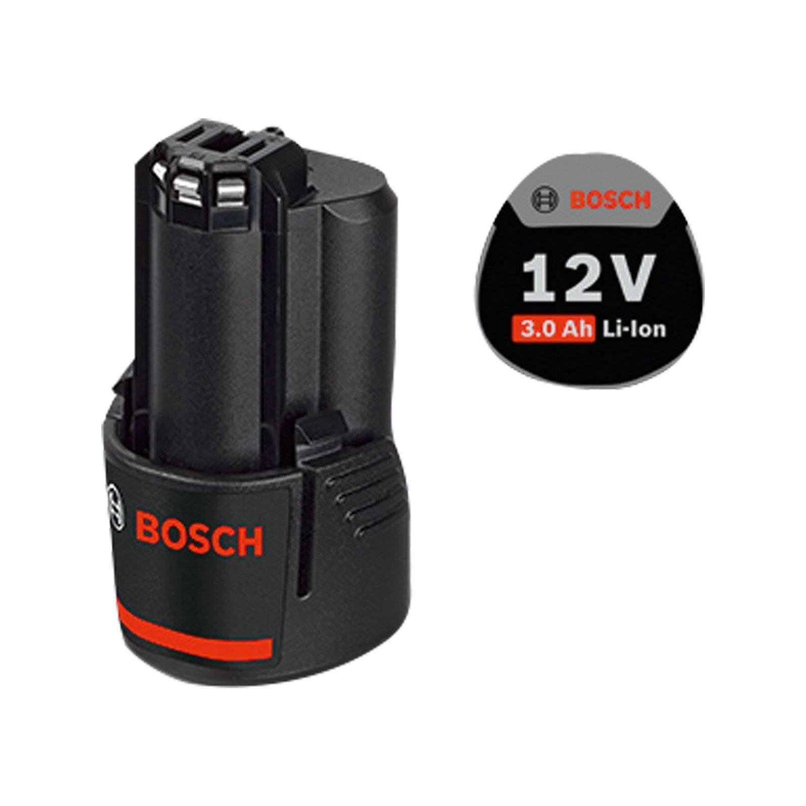 Bosch Li-Ionen-Akku, 12V, 3,0 Ah, mit schwarzem und rotem Design. Enthält Bosch-Logo.