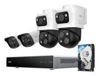 Ein Überwachungskamerasystem mit mehreren Innen- und Außenkameras, einem DVR-Rekorder und einer Festplatte für die Videospeicherung.
