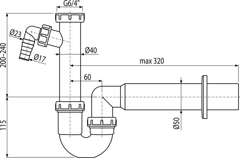 Alcadrain siphon à tube avec écrou de serrage 6/4" et raccord appareil ECO