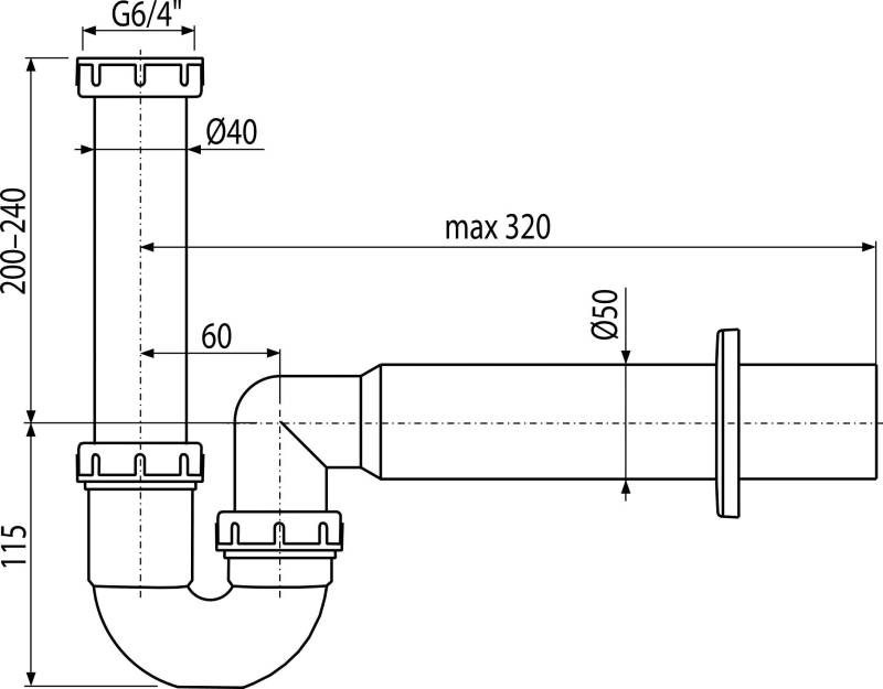 AlcaDrain A80-DN50 Siphon tubulaire avec écrou de serrage 6/4" ECO
