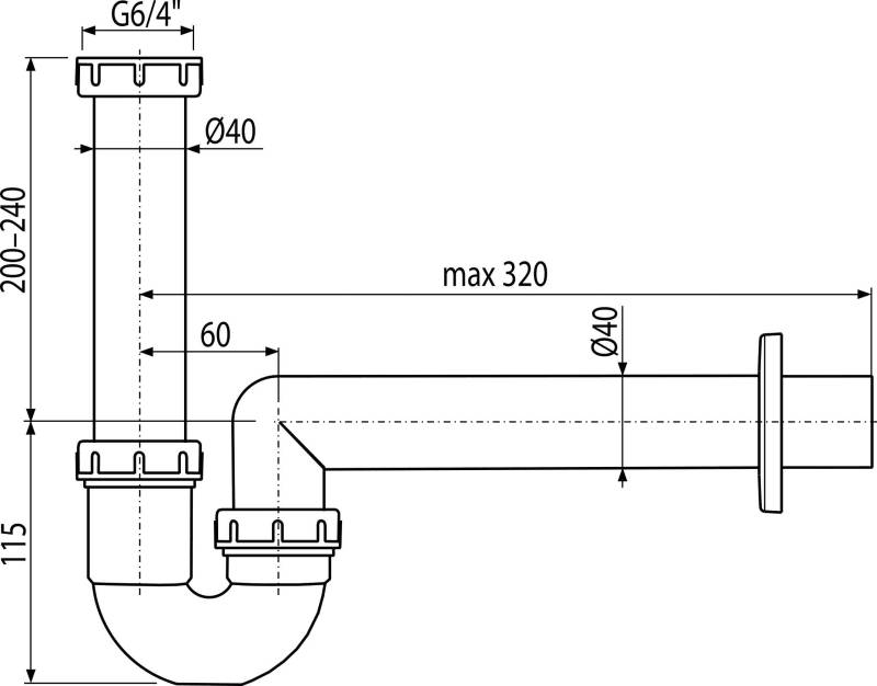 AlcaDrain A80-DN40 Röhrengeruchverschluss mit einer Überwurfmutter 6/4" ECO