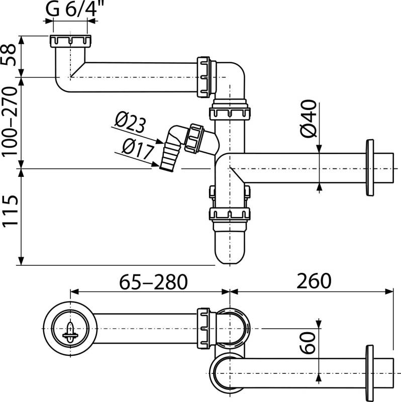 Alcadrain Raumsparsiphon für Spülbecken mit einem Geräteanschluss und einer Überwurfmutter 6/4" ECO