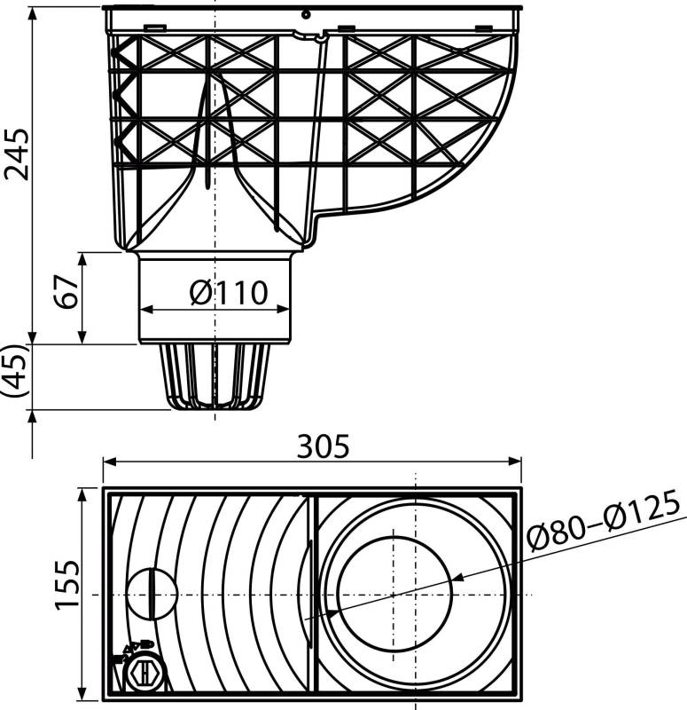 Alcadrain Universal-Regensinkkasten 300×155/110 mm Abgang senkrecht, Grau
