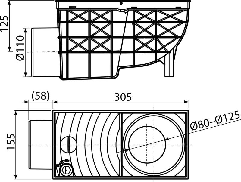 Alcadrain Universal-Regensinkkasten 300×155/110 mm Abgang waagrecht, Schwarz