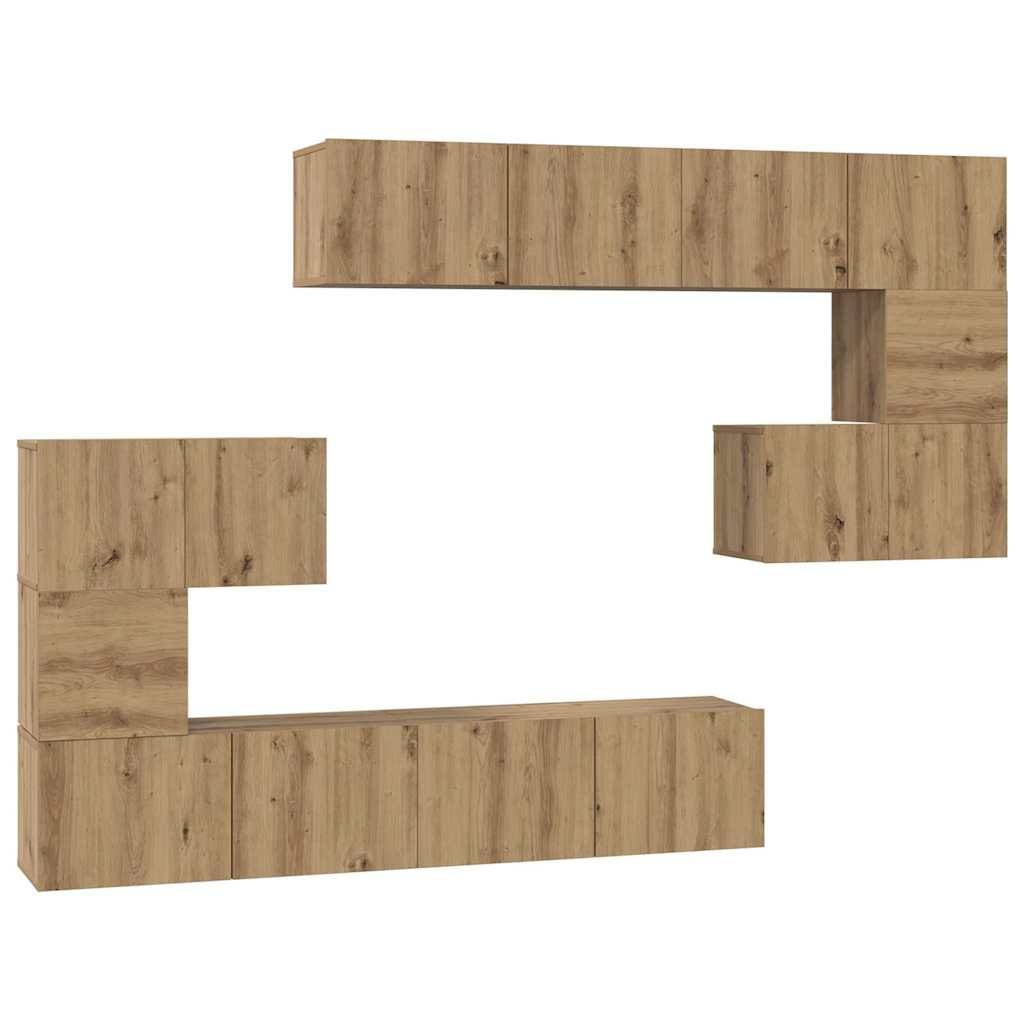 Modulare Wandregale aus Holz mit mehreren Fächern in symmetrischer Anordnung.
