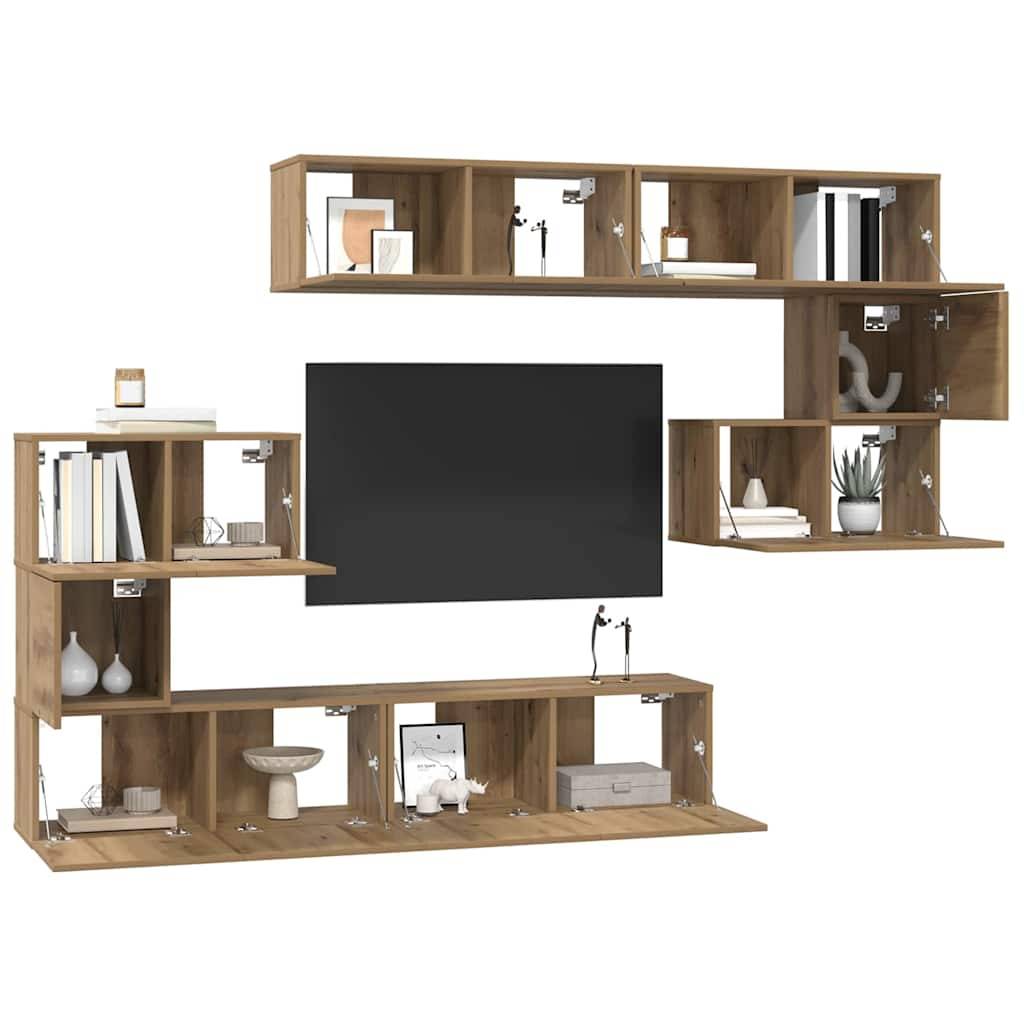 Eine moderne Wand-Unterhaltungseinheit mit einem großen zentralen Raum für einen Fernseher, umgeben von Holzregalen zur Präsentation von Büchern und Dekorationen.