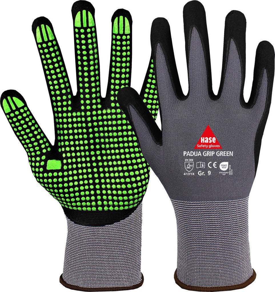 PADUA GRIP GREEN, Montagehandschuh aus Nylon/Nitrilschaummit Benoppung, Gr. 6-11, Kat. II, EN 388, OEKO-TEXPADUA GRIP GREEN, Montagehandschuh aus
