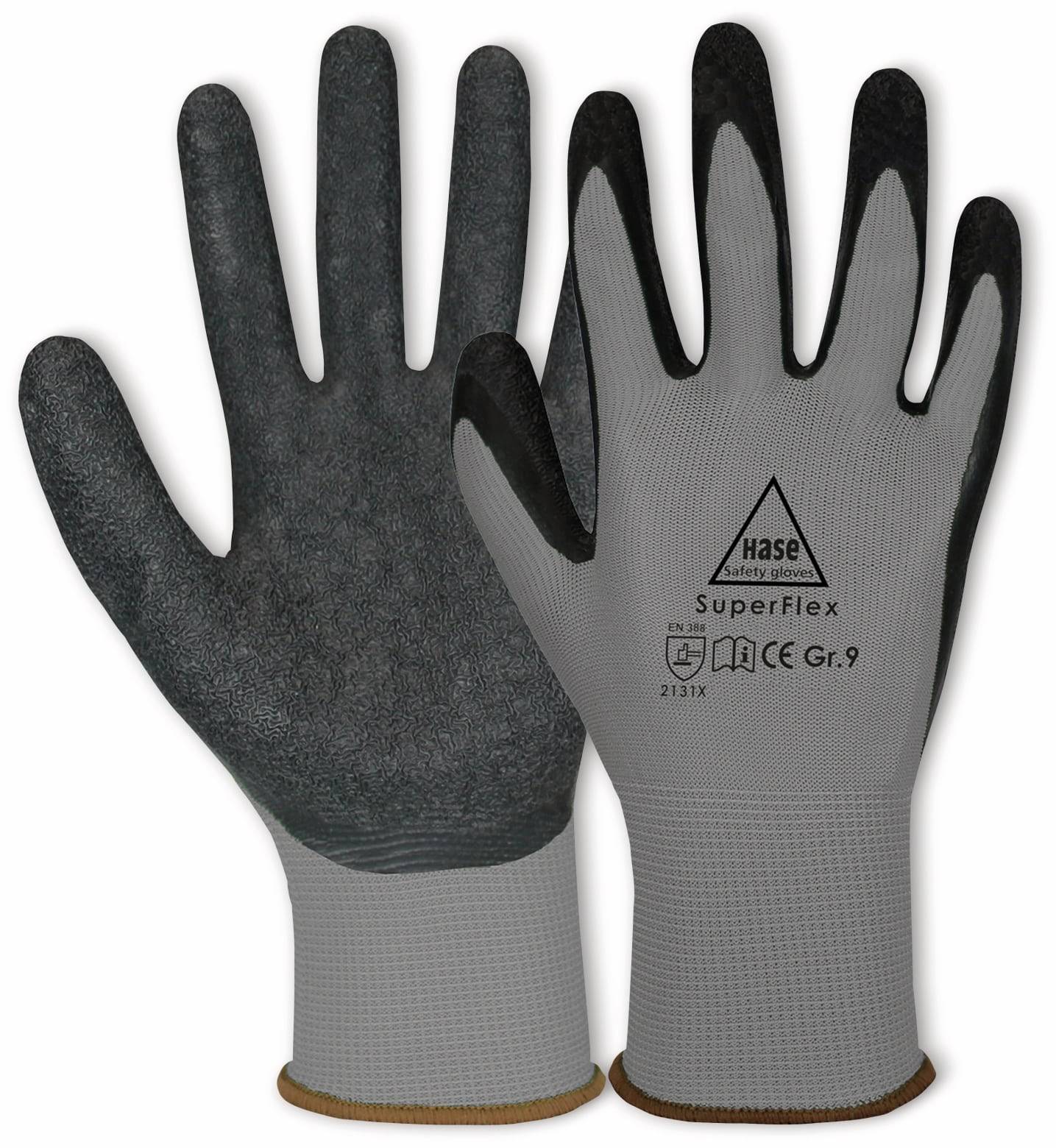 HASE SAFETY GLOVES Latex-Arbeitshandschuhe Superflex, EN 388, EN 420, Größe 6, grau/schwarz