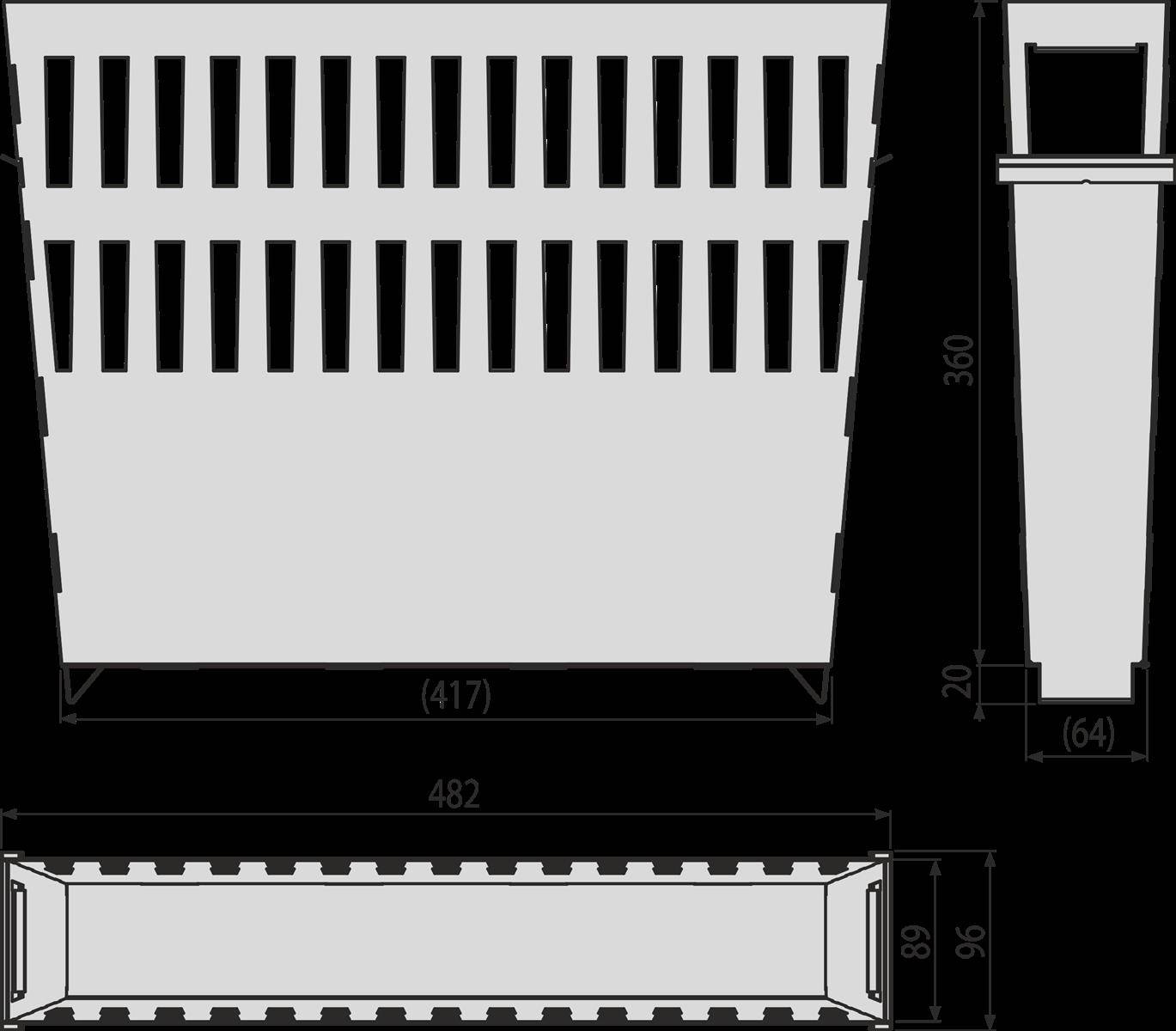 Technische Zeichnung eines konischen belüfteten Paneels oder Behälter-Einsatzes mit geschlitzten Seiten, dargestellt in Front-, Seiten- und Draufsicht mit Abmessungen 482 x 360 x 64 mm.