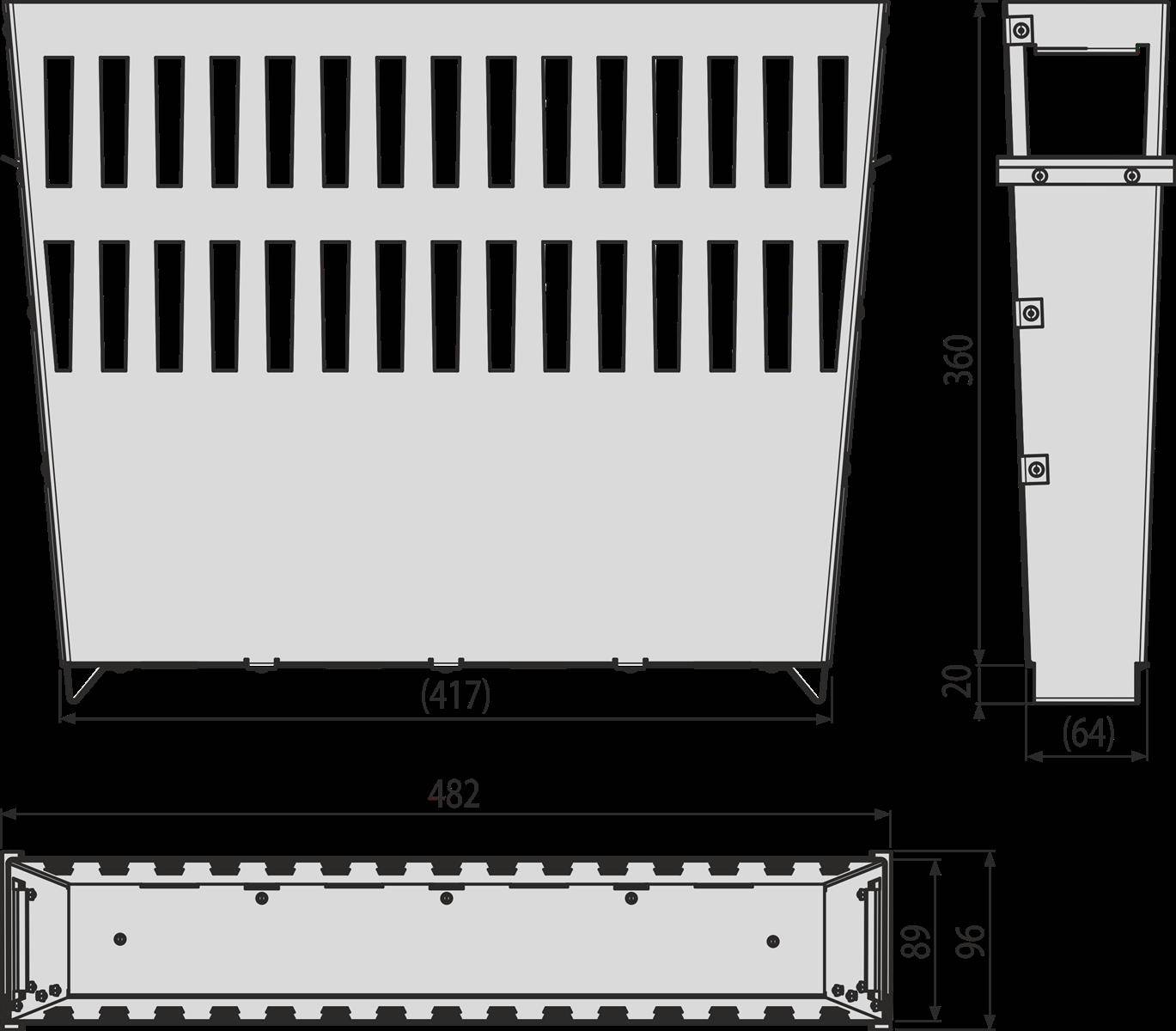Technische Zeichnung eines belüfteten Metallgehäuses dargestellt in Vorder-, Seiten- und Bodenansicht mit Abmessungen in Millimetern markiert.