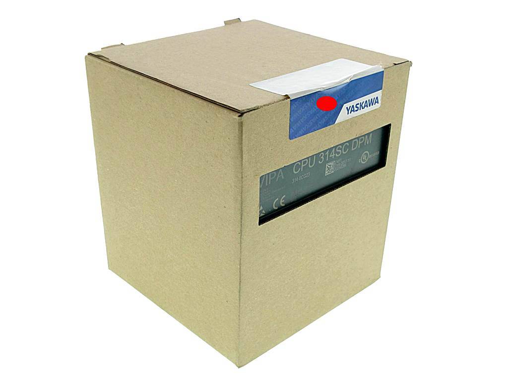 Karton mit einem Yaskawa I/P-A CPU314SC DPM-Modul, Produktetikett auf der Seite gut sichtbar.