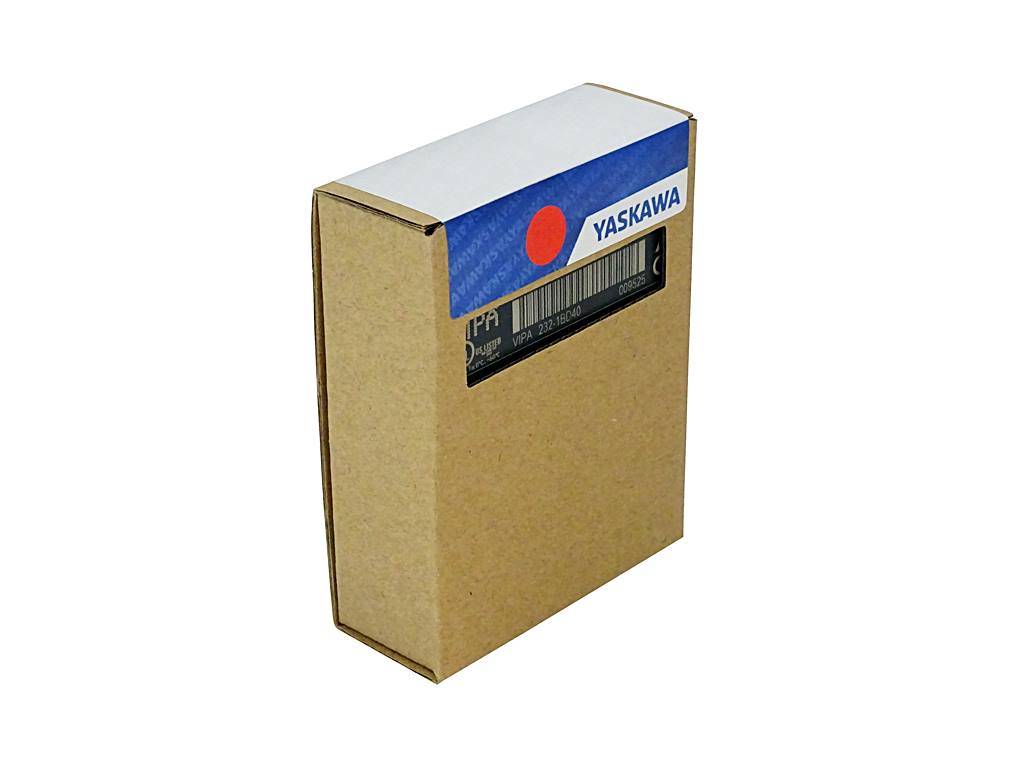 Braune Produktverpackung aus Karton mit Yaskawa-Branding und einem Barcode-Etikett auf der Vorderseite.