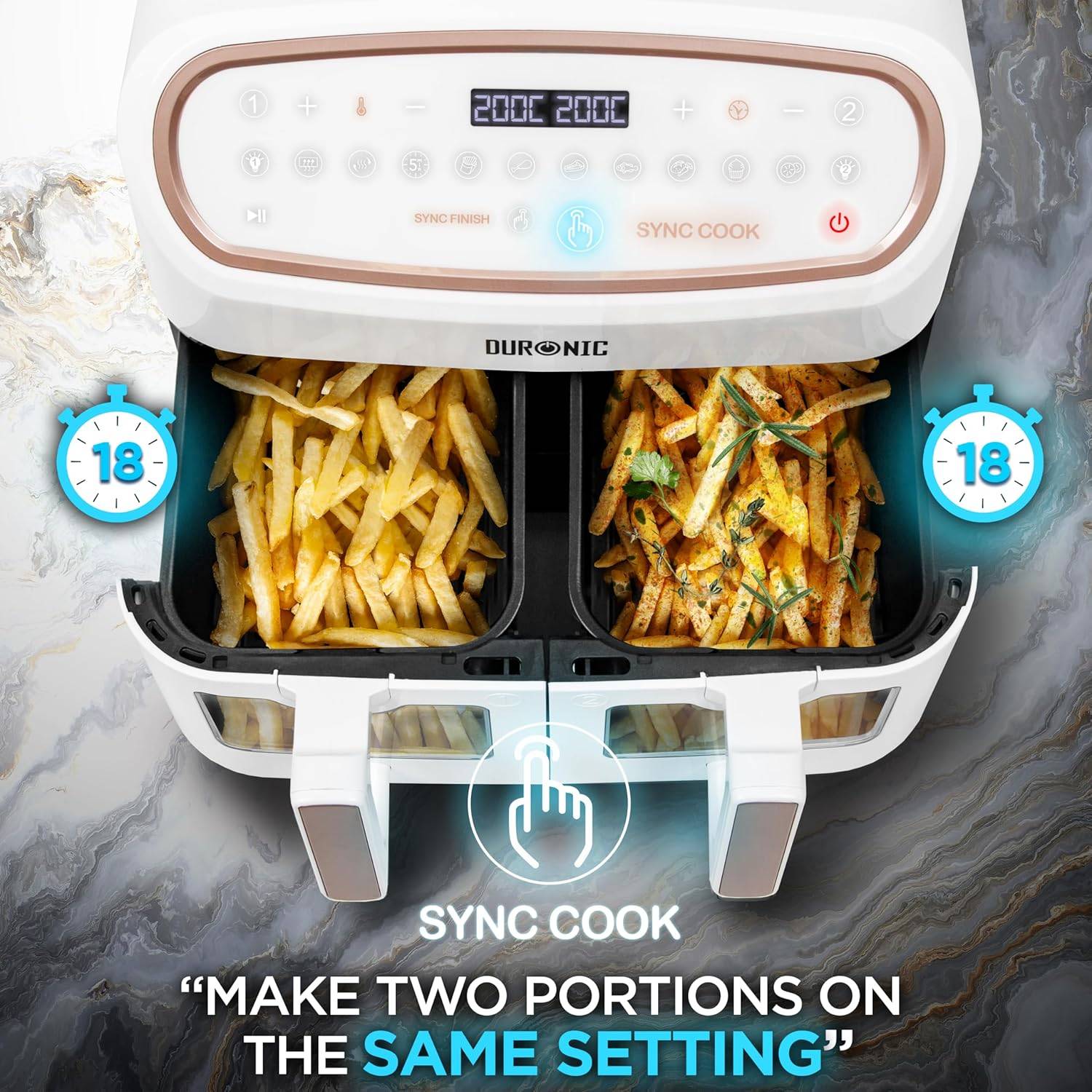 Duronic AF34 WE Heißluftfritteuse 10L Fritteuse Dual Zone Airfryer Sync Cook