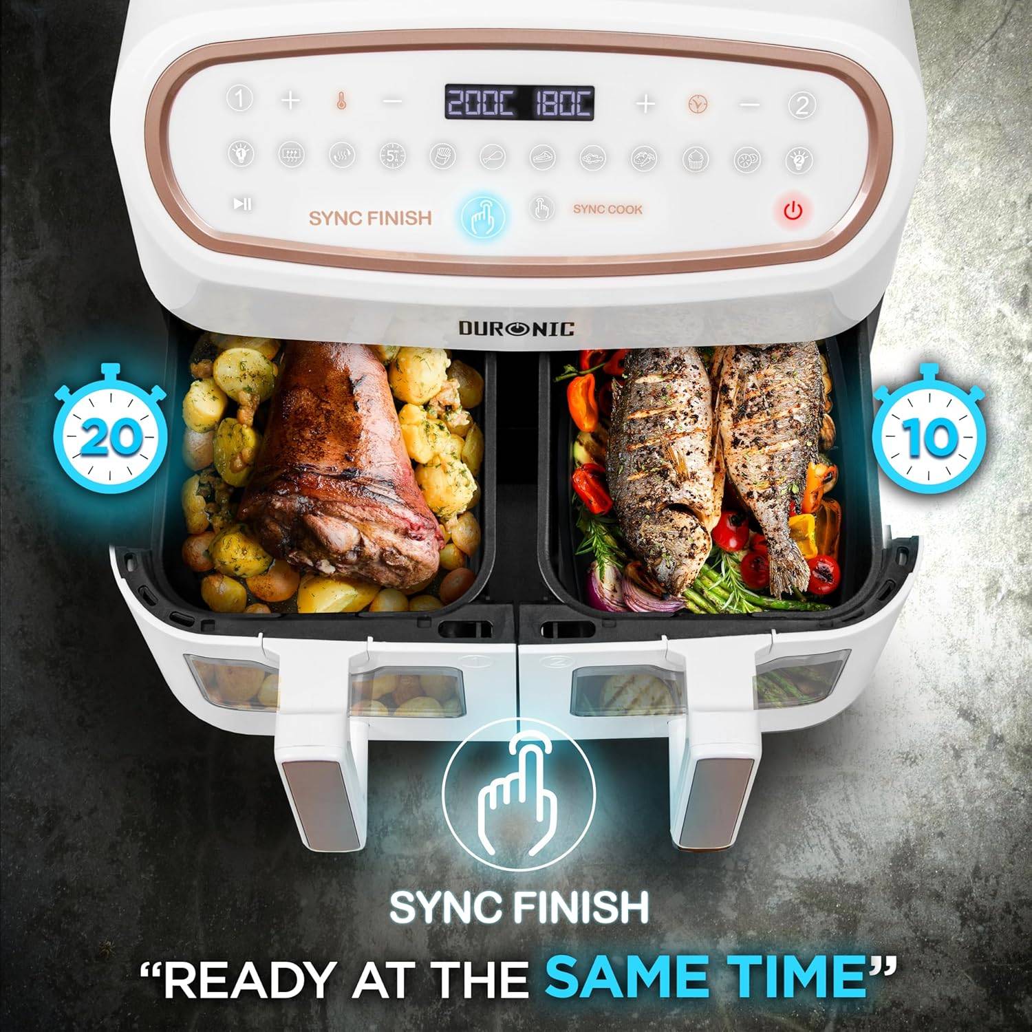 Duronic AF34 WE Heißluftfritteuse 10L Fritteuse Dual Zone Airfryer Sync Cook