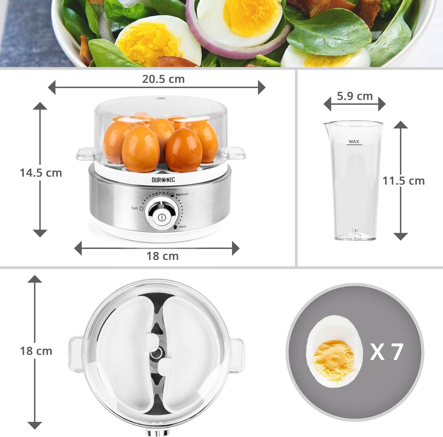 Duronic EB40 WE Eierkocher 7 Eier, Timer, Überhitzungsschutz, Messbecher