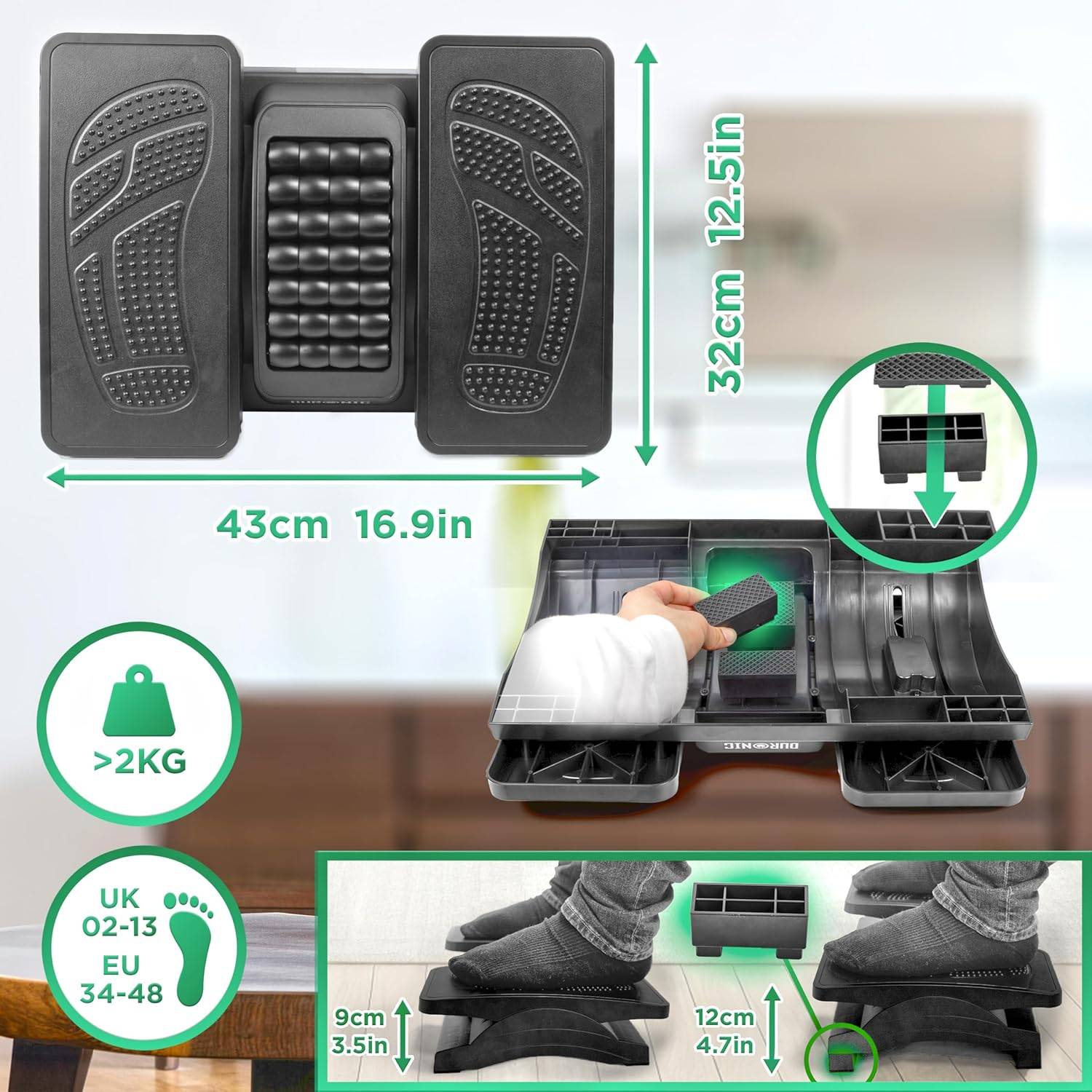 Duronic FT04 Fußstütze höhenverstellbar, Fußbank mit Massagefunktion