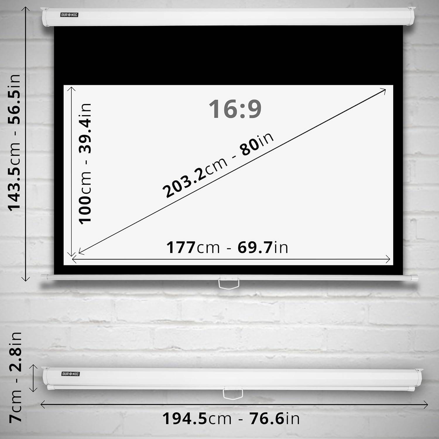 Duronic MPS80 WE 16:9 Leinwand 80" Zoll Rollo Heimkino 4K Full HD 3D Beamer