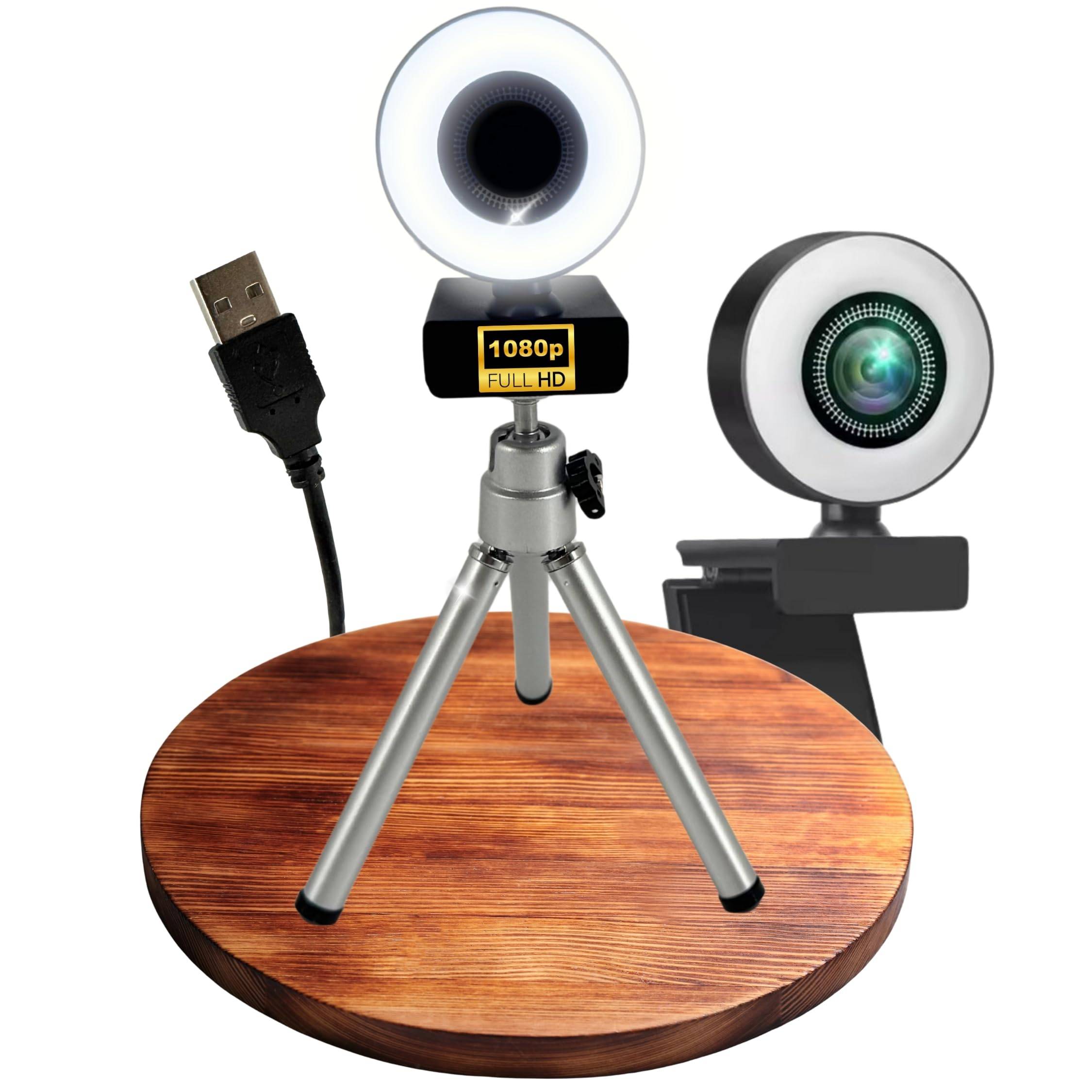 Autofokus Webcam mit Ringlicht Lampe + Stativ Full HD 1920x1080p I 2 Mikrofone Stereo Geräuschunterdrückung Hintergrund I für Computer PC Laptop